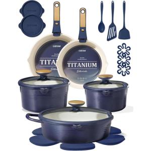 image:imageCAROTE 20Pcs Titanium Cookware Set Pots and Pans Set Non Stick Kitchen Cooking Set with Detachable Handle Non Toxic Induction Cookware DishwasherOven SafeBlue