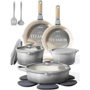 image:imageCAROTE 20Pcs Titanium Cookware Set Pots and Pans Set Non Stick Kitchen Cooking Set with Detachable Handle Non Toxic Induction Cookware DishwasherOven SafeGradient Grey