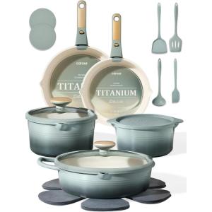 image:imageCAROTE 20Pcs Titanium Cookware Set Pots and Pans Set Non Stick Kitchen Cooking Set with Detachable Handle Non Toxic Induction Cookware DishwasherOven SafeGradient Green