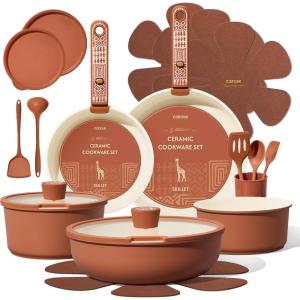 image:imageCAROTE 21Piece Ceramic Cookware Set Nonstick Pots and Pans Set with Detachable Handle NonToxic Kitchen Cooking Set Induction Compatible Dishwasher amp Oven Safe TerracottaTerracotta