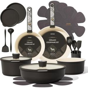 image:imageCAROTE 21Piece Ceramic Cookware Set Nonstick Pots and Pans Set with Detachable Handle NonToxic Kitchen Cooking Set Induction Compatible Dishwasher amp Oven Safe TerracottaCharcoal