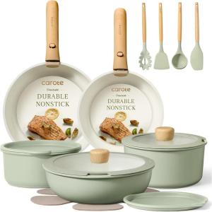 image:imageCAROTE Pots and Pans Set Nonstick Cookware Set Detachable Handle 19pcs Induction Kitchen Cookware Sets Non Stick with Removable Handle RV Cookware Set Oven Safe PinkSage Green