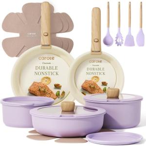 image:imageCAROTE Pots and Pans Set Nonstick Cookware Set Detachable Handle 19pcs Induction Kitchen Cookware Sets Non Stick with Removable Handle RV Cookware Set Oven Safe PinkPurple