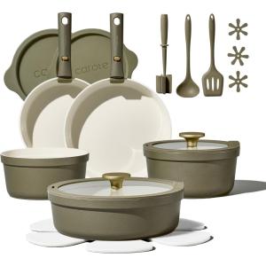 image:imageCarote 21pcs Ceramic Cookware Set with Detachable Handles Pots and Pans Set Non Stick RV Kitchen Cooking Pot and Pan Dishwasher Safe Nontoxic Induction Cookware PFAS and PFOA Free Olive GreenGreen