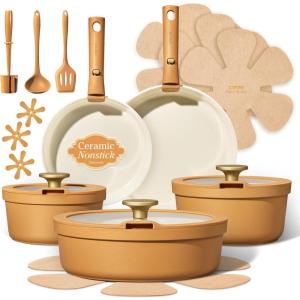image:imageCarote 21pcs Ceramic Cookware Set with Detachable Handles Pots and Pans Set Non Stick RV Kitchen Cooking Pot and Pan Dishwasher Safe Nontoxic Induction Cookware PFAS and PFOA Free Olive GreenOrange