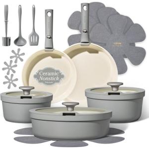 image:imageCarote 21pcs Ceramic Cookware Set with Detachable Handles Pots and Pans Set Non Stick RV Kitchen Cooking Pot and Pan Dishwasher Safe Nontoxic Induction Cookware PFAS and PFOA Free Olive GreenGray