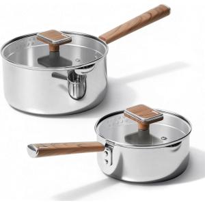 image:imageCAROTE15Qt amp 3Qt Stainless Steel Saucepan Set Triple Ply Stainless Steel Pot Saucepan with Glass Lid Small Sauce Pot with Wooden Handle Easy Pour Rim Mothers Day GiftsSilver