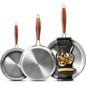 image:imageCAROTE 3Piece TriPly Stainless Steel Frying Pan Set Skillet Set 81012 Induction Compatible Oven amp Dishwasher Safe Silver HandleGold