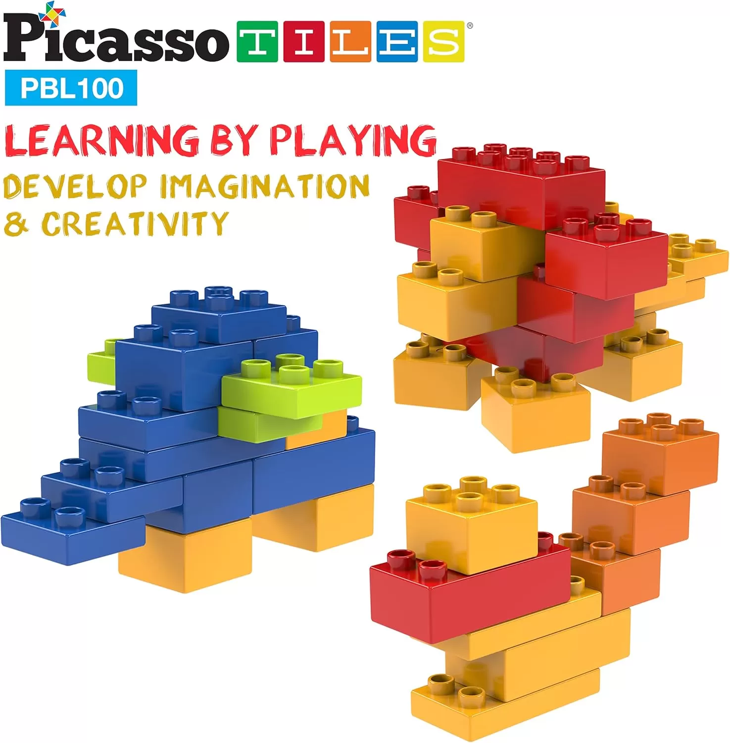imagePicassoTiles 100 Piece Large Construction Brick Building Blocks STEM Bricks Toy Set Creative Learning Early Education Playset 5 Colors 4 Unique Shapes Mix ampamp Match Toys for Kids Boys Girls Child Age 3PBL100
