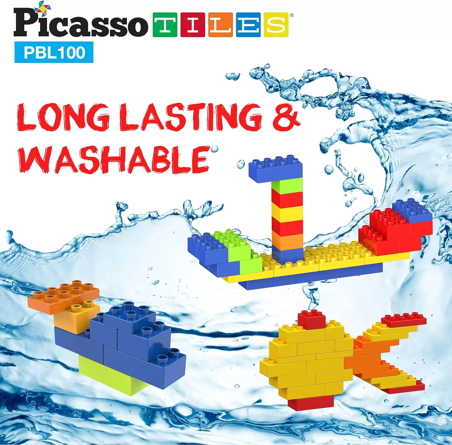 imagePicassoTiles 100 Piece Large Construction Brick Building Blocks STEM Bricks Toy Set Creative Learning Early Education Playset 5 Colors 4 Unique Shapes Mix ampamp Match Toys for Kids Boys Girls Child Age 3PBL100