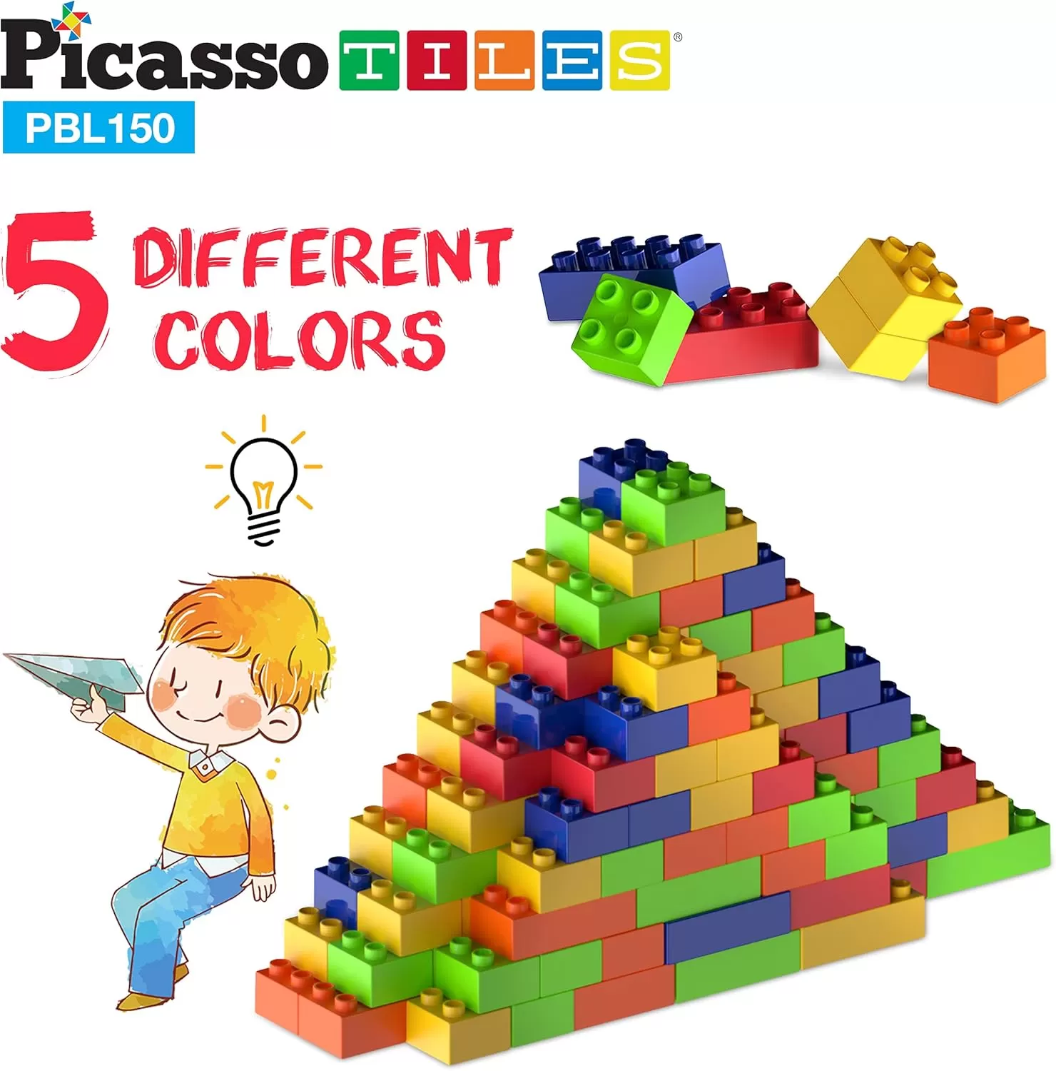 imagePicassoTiles 100 Piece Large Construction Brick Building Blocks STEM Bricks Toy Set Creative Learning Early Education Playset 5 Colors 4 Unique Shapes Mix ampamp Match Toys for Kids Boys Girls Child Age 3PBL150