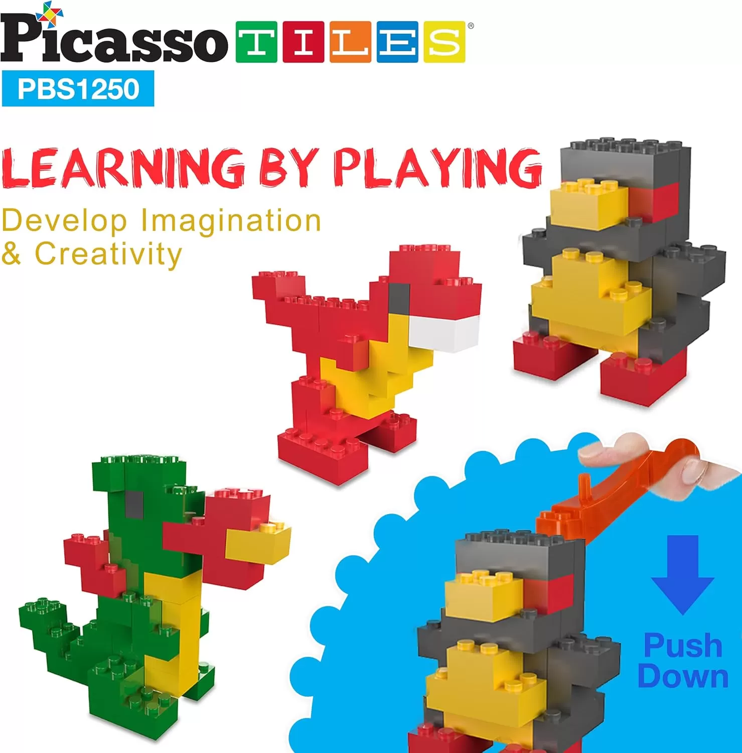 imagePicassoTiles 100 Piece Large Construction Brick Building Blocks STEM Bricks Toy Set Creative Learning Early Education Playset 5 Colors 4 Unique Shapes Mix ampamp Match Toys for Kids Boys Girls Child Age 3PBS1250