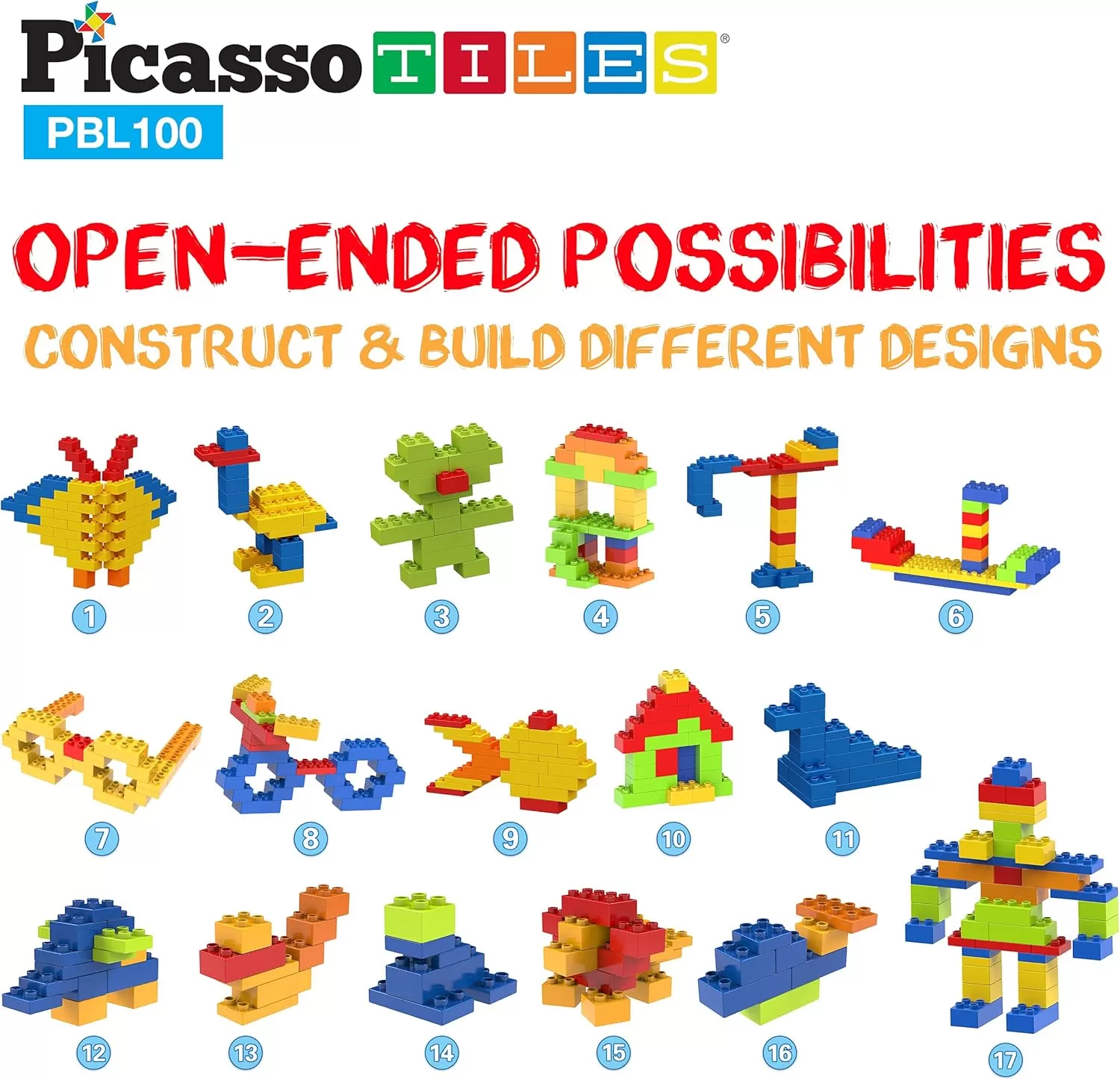 imagePicassoTiles 100 Piece Large Construction Brick Building Blocks STEM Bricks Toy Set Creative Learning Early Education Playset 5 Colors 4 Unique Shapes Mix ampamp Match Toys for Kids Boys Girls Child Age 3PBL100