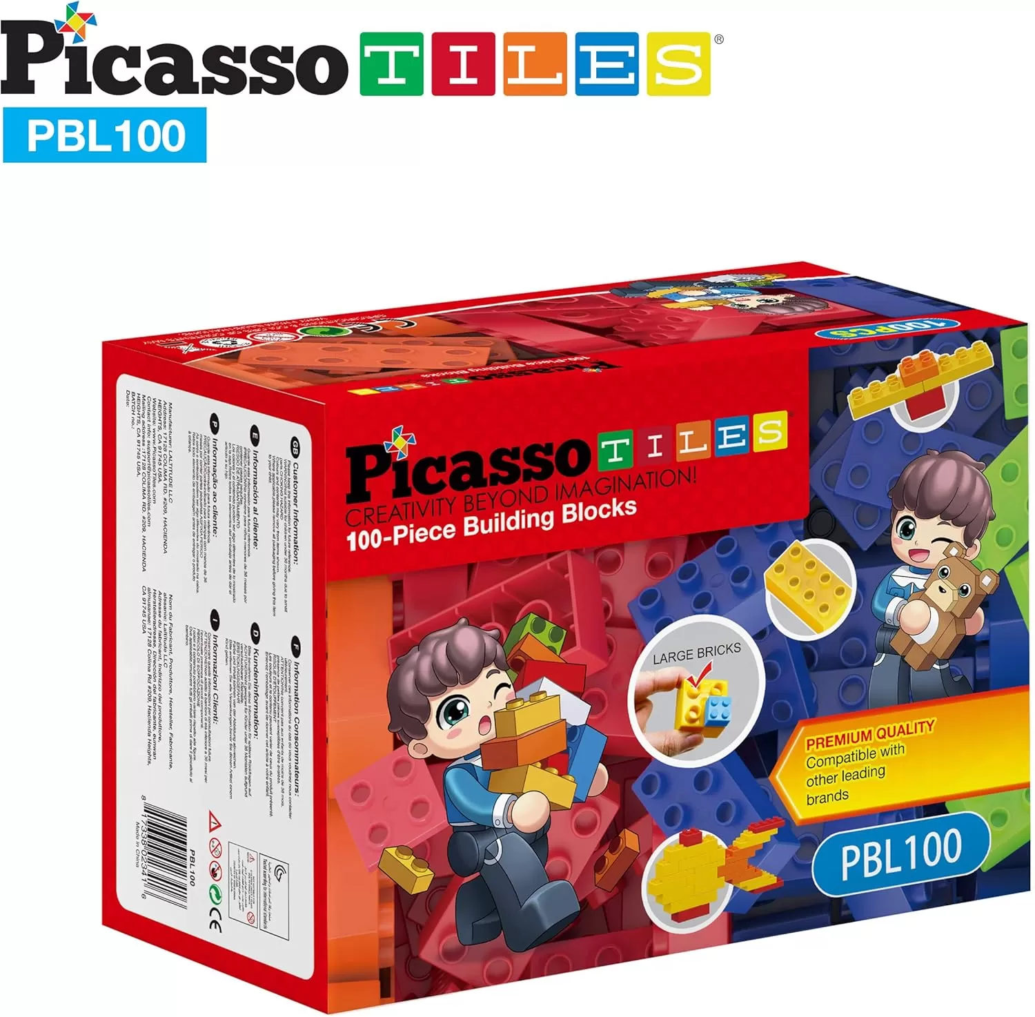 imagePicassoTiles 100 Piece Large Construction Brick Building Blocks STEM Bricks Toy Set Creative Learning Early Education Playset 5 Colors 4 Unique Shapes Mix ampamp Match Toys for Kids Boys Girls Child Age 3PBL100