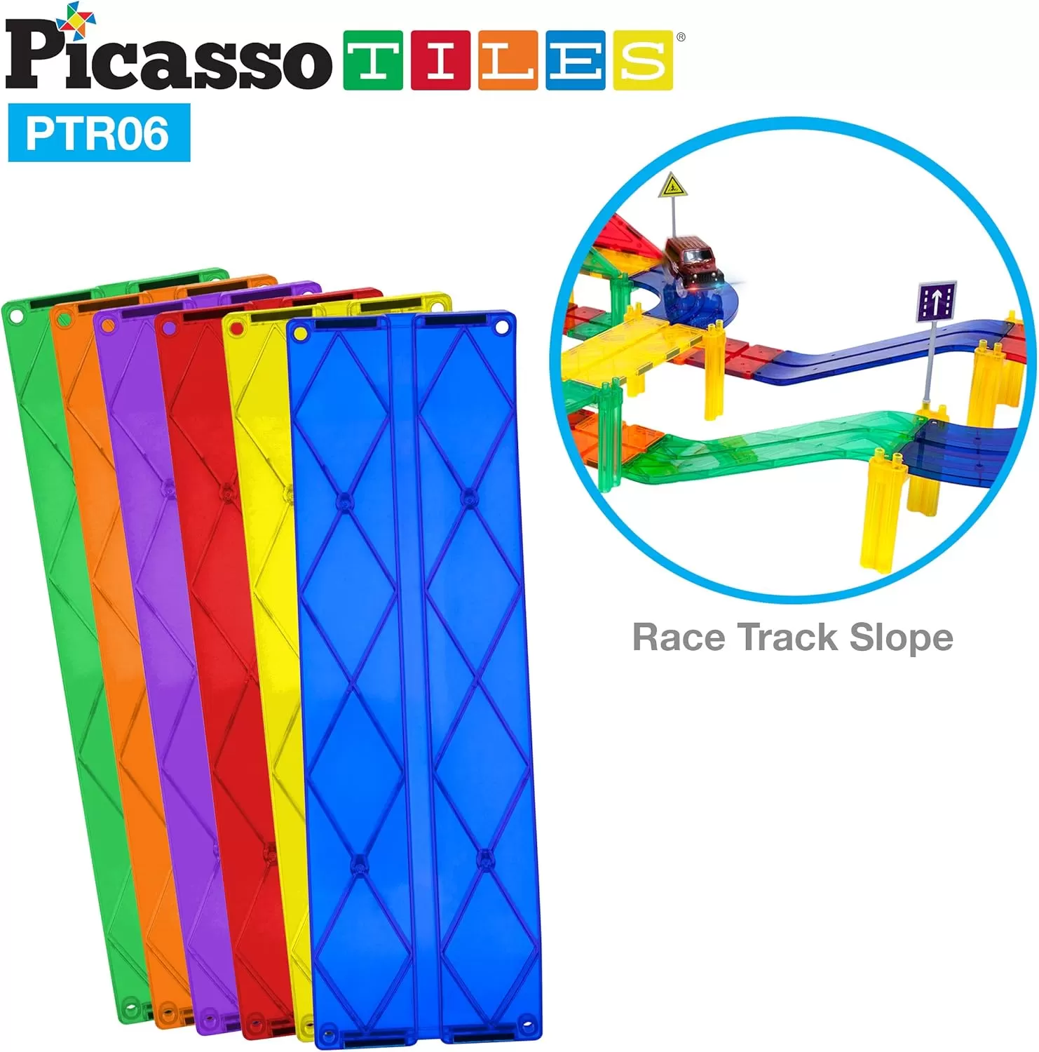 imagePicassoTiles 12 Piece Race Track AddOn Magnetic Building Block Set Magnet Tiles Construction Toy STEM Learning Kit Early Education Kids Toys Playset Pretend Play Blocks Child Brain Development PTR12PTR06