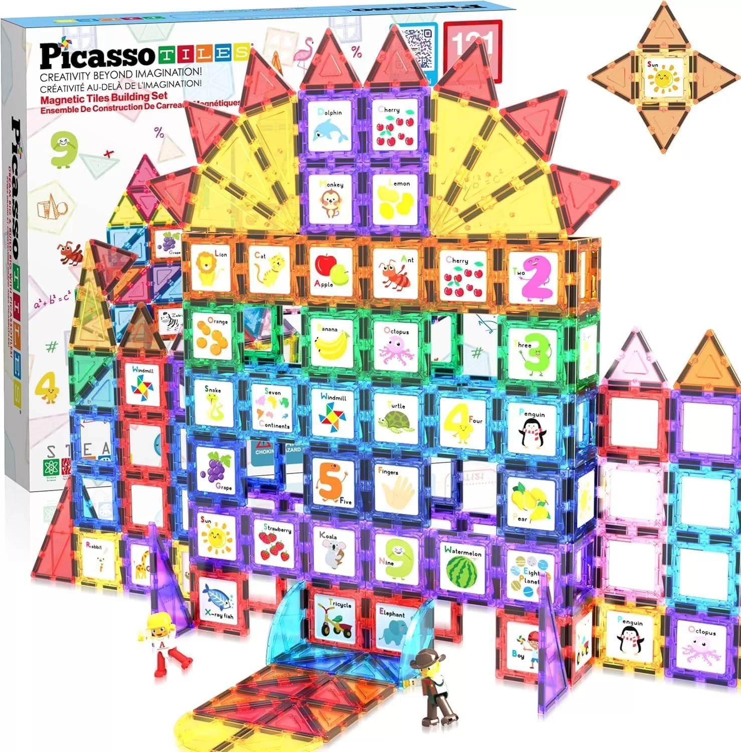 imagePicassoTiles 121 pc Master Builder Magnetic Building Block Construction Set Magnet Tiles Blocks with Car Truck 2 Character Action Figures 28 Educational Alphabet Animal and Number Graphics Windmill