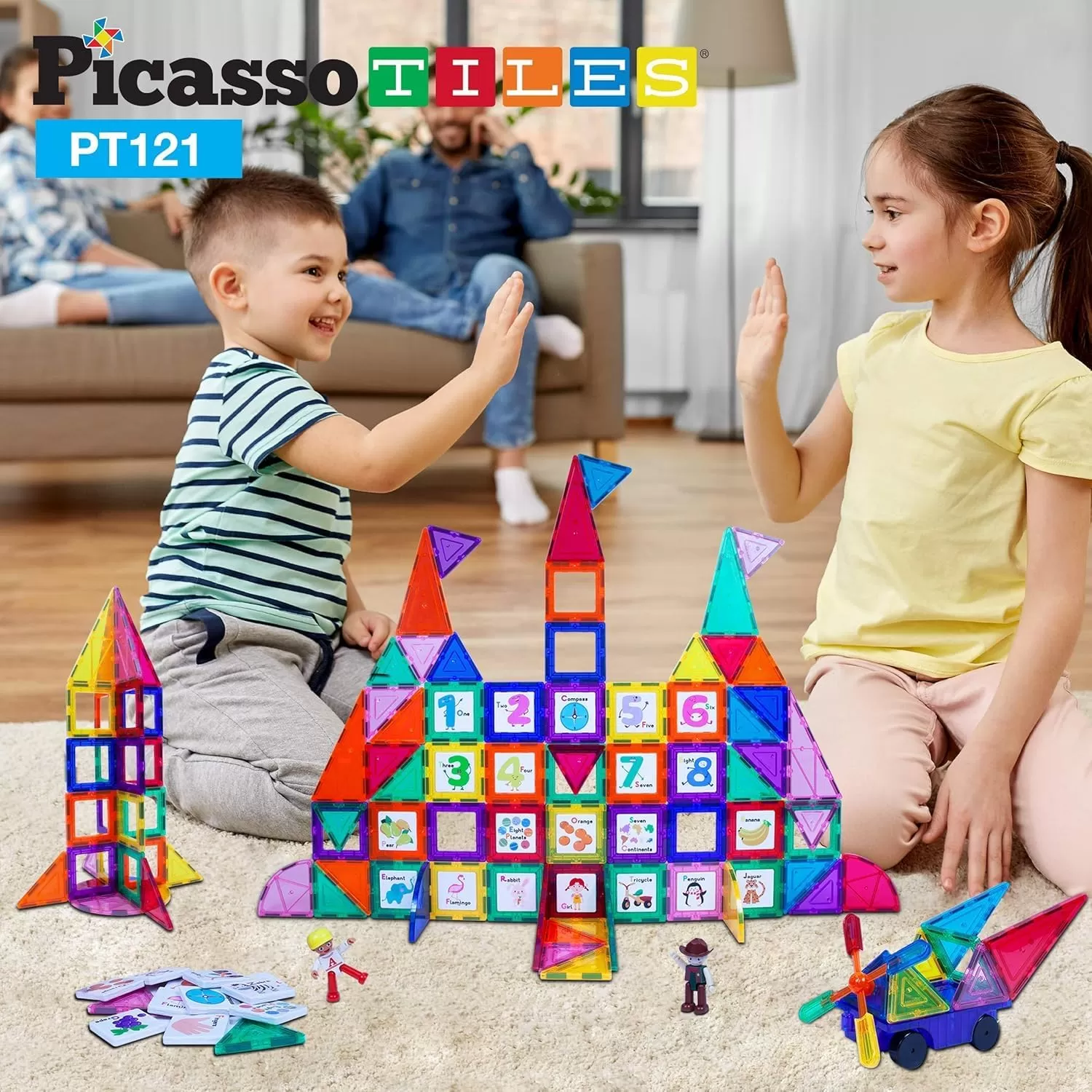 imagePicassoTiles 121 pc Master Builder Magnetic Building Block Construction Set Magnet Tiles Blocks with Car Truck 2 Character Action Figures 28 Educational Alphabet Animal and Number Graphics Windmill