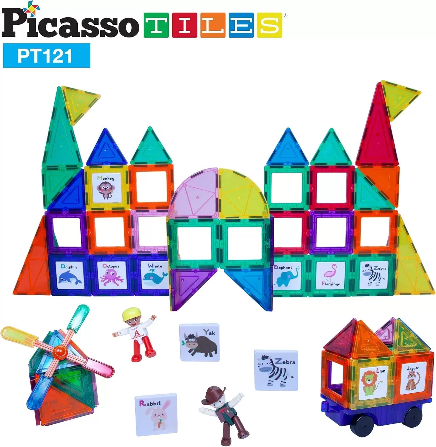 imagePicassoTiles 121 pc Master Builder Magnetic Building Block Construction Set Magnet Tiles Blocks with Car Truck 2 Character Action Figures 28 Educational Alphabet Animal and Number Graphics Windmill