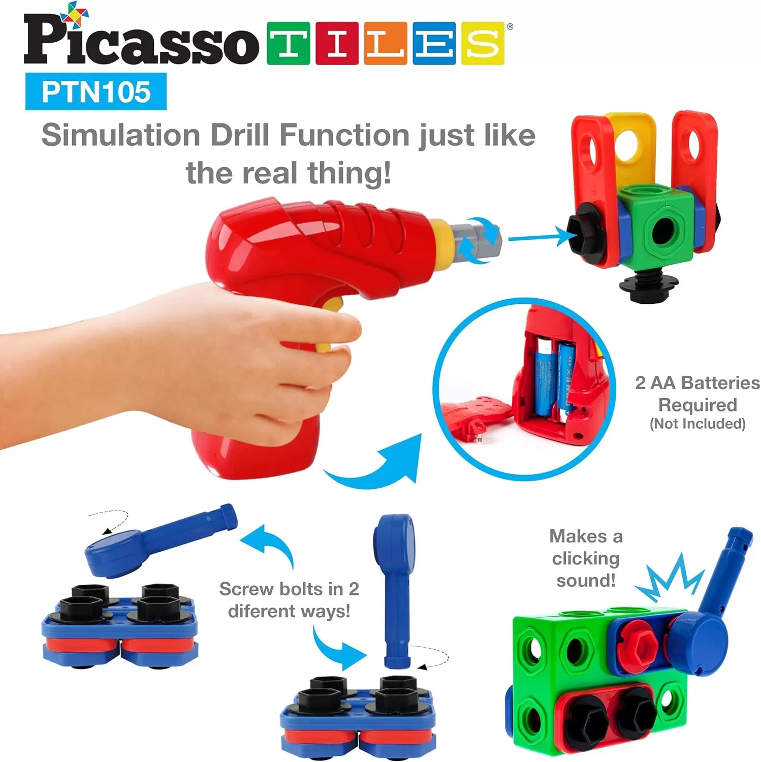 imagePicassoTiles 152 Pieces Building Block Set Kid Toy STEM Construction Sensory Toys Gifts Engineering Kit Educational wIdea Book Design Guide Storage Carry Box Power Drill Ratchet Age 3 PTN152105PC