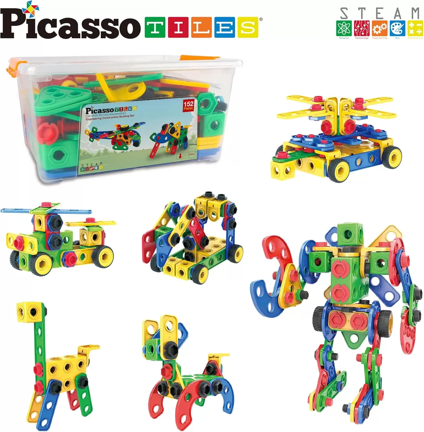 imagePicassoTiles 152 Pieces Building Block Set Kid Toy STEM Construction Sensory Toys Gifts Engineering Kit Educational wIdea Book Design Guide Storage Carry Box Power Drill Ratchet Age 3 PTN152152PC w Bin