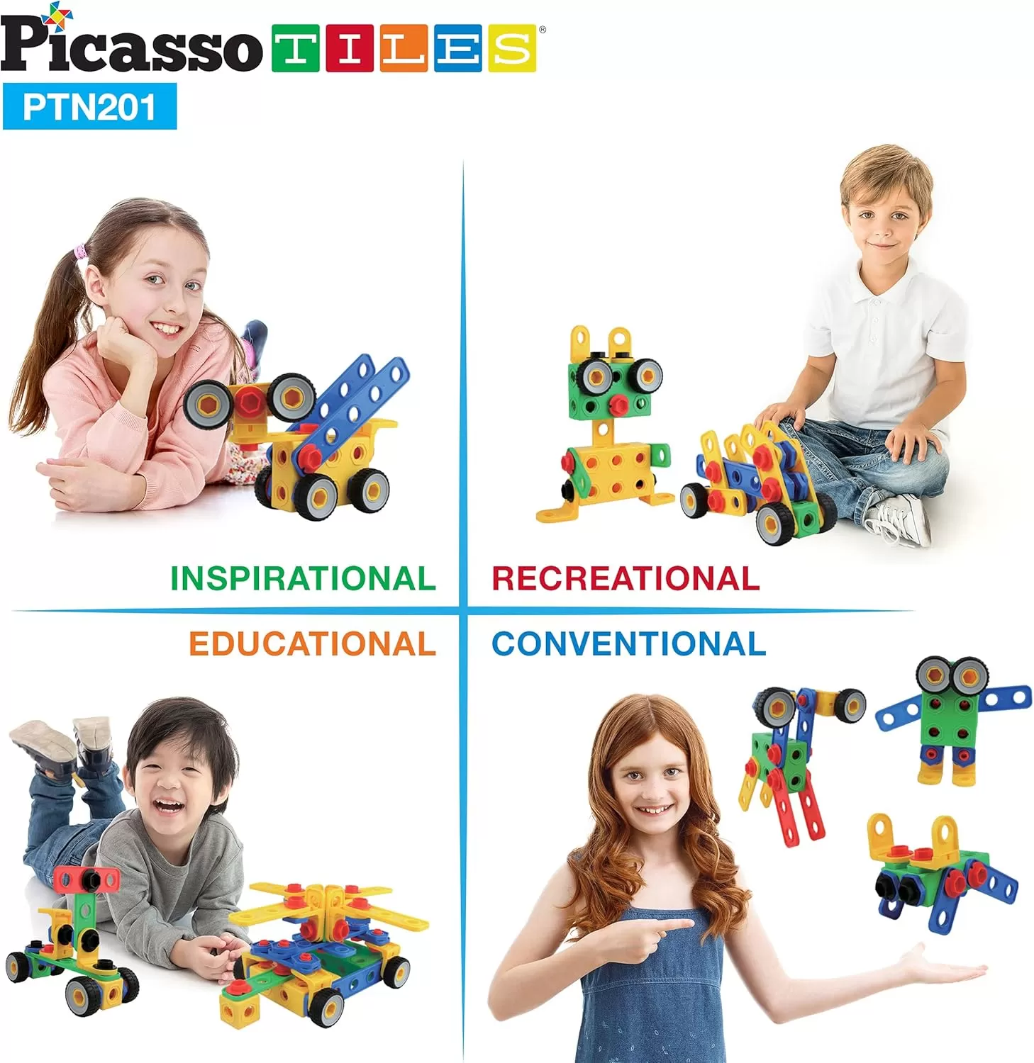 imagePicassoTiles 152 Pieces Building Block Set Kid Toy STEM Construction Sensory Toys Gifts Engineering Kit Educational wIdea Book Design Guide Storage Carry Box Power Drill Ratchet Age 3 PTN152201PC w Bin