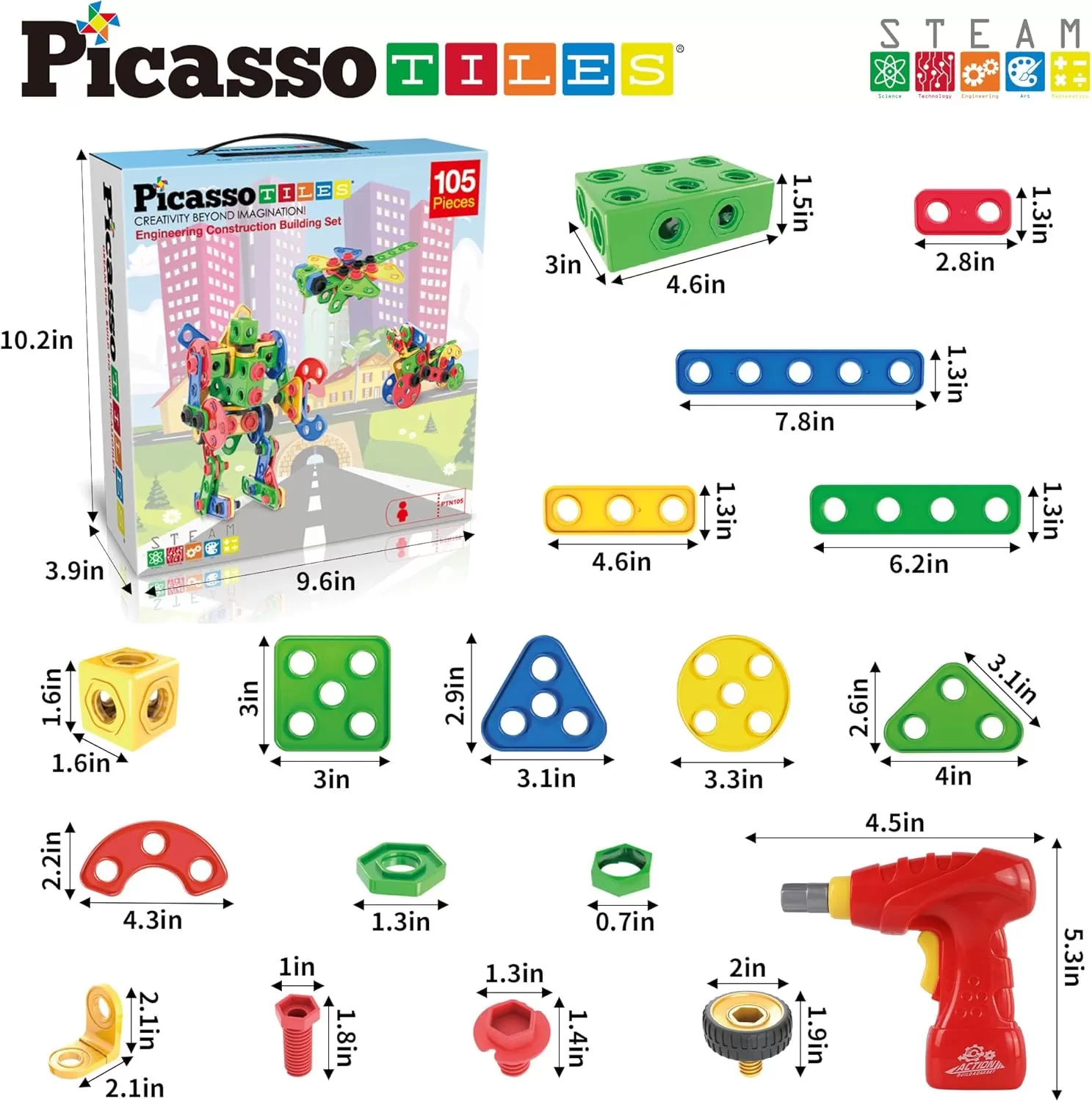 imagePicassoTiles 152 Pieces Building Block Set Kid Toy STEM Construction Sensory Toys Gifts Engineering Kit Educational wIdea Book Design Guide Storage Carry Box Power Drill Ratchet Age 3 PTN152105PC