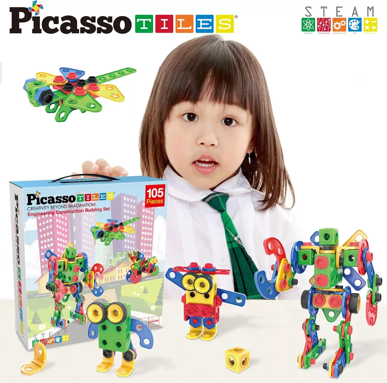 imagePicassoTiles 152 Pieces Building Block Set Kid Toy STEM Construction Sensory Toys Gifts Engineering Kit Educational wIdea Book Design Guide Storage Carry Box Power Drill Ratchet Age 3 PTN152105PC