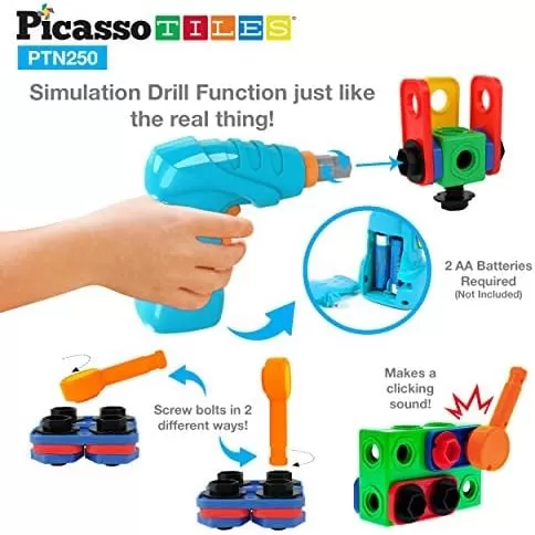 imagePicassoTiles 152 Pieces Building Block Set Kid Toy STEM Construction Sensory Toys Gifts Engineering Kit Educational wIdea Book Design Guide Storage Carry Box Power Drill Ratchet Age 3 PTN152250pc