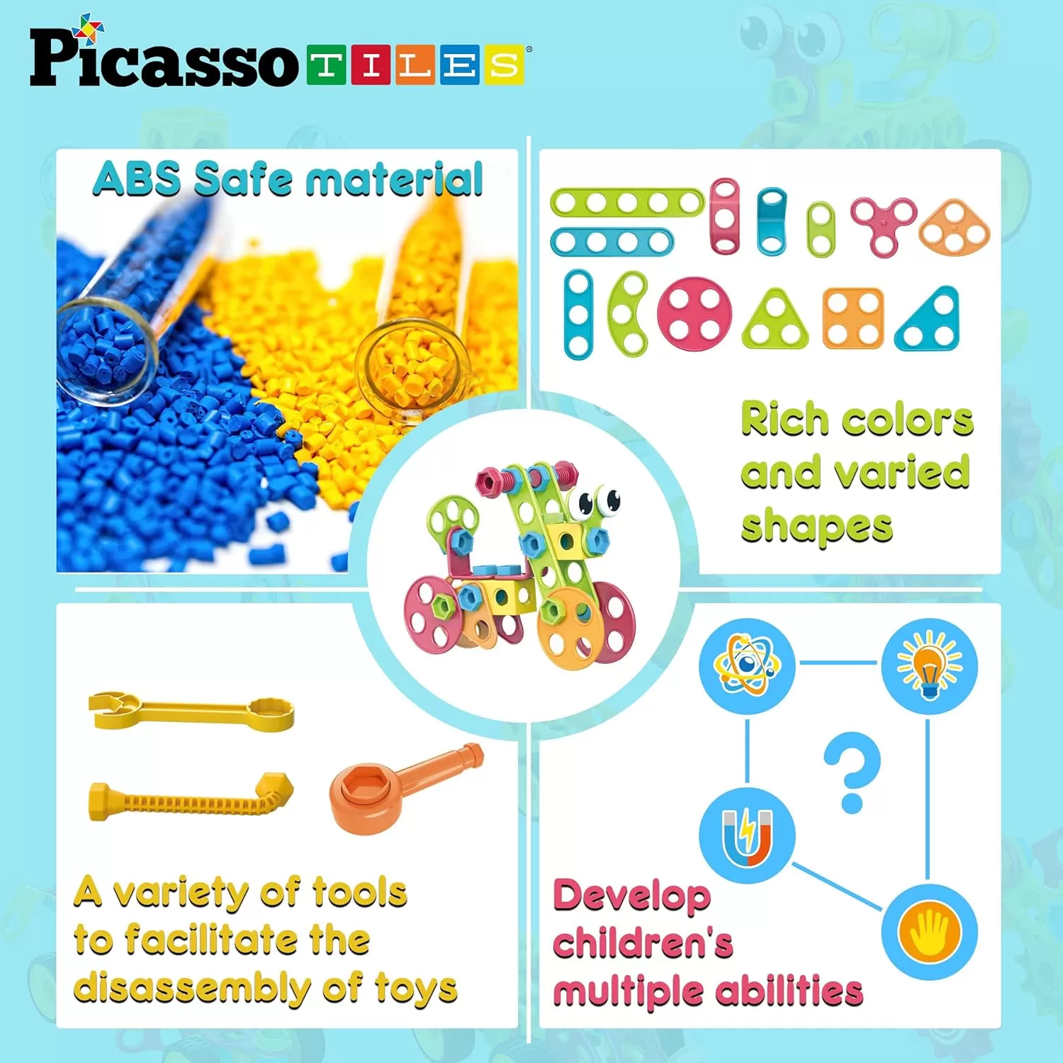 imagePicassoTiles 152 Pieces Building Block Set Kid Toy STEM Construction Sensory Toys Gifts Engineering Kit Educational wIdea Book Design Guide Storage Carry Box Power Drill Ratchet Age 3 PTN152115pc