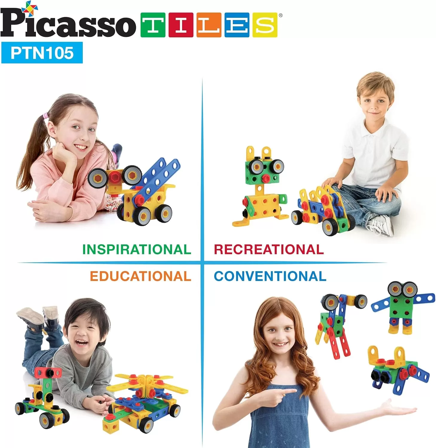 imagePicassoTiles 152 Pieces Building Block Set Kid Toy STEM Construction Sensory Toys Gifts Engineering Kit Educational wIdea Book Design Guide Storage Carry Box Power Drill Ratchet Age 3 PTN152105PC