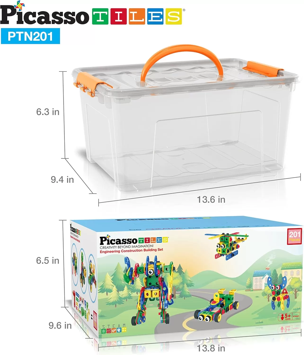 imagePicassoTiles 152 Pieces Building Block Set Kid Toy STEM Construction Sensory Toys Gifts Engineering Kit Educational wIdea Book Design Guide Storage Carry Box Power Drill Ratchet Age 3 PTN152201PC w Bin