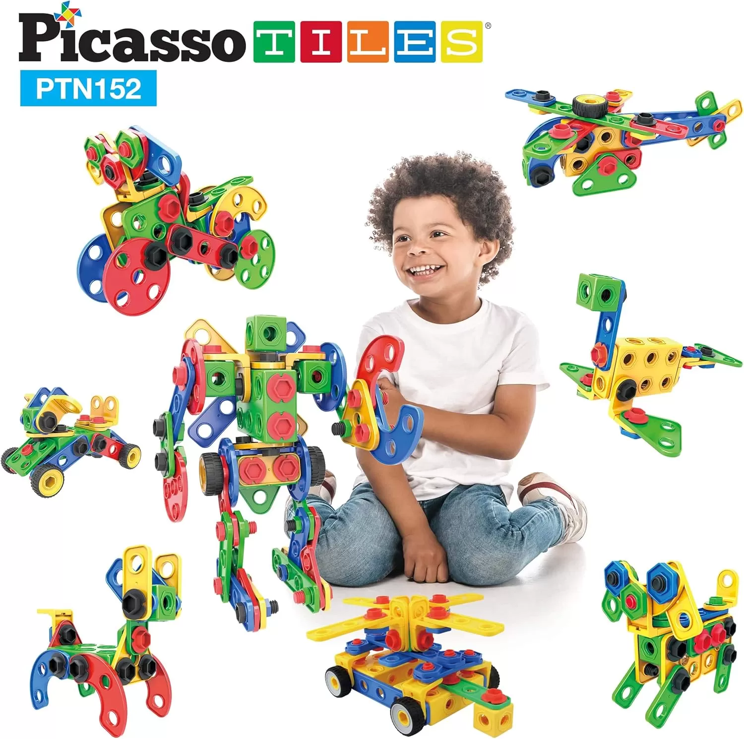 imagePicassoTiles 152 Pieces Building Block Set Kid Toy STEM Construction Sensory Toys Gifts Engineering Kit Educational wIdea Book Design Guide Storage Carry Box Power Drill Ratchet Age 3 PTN152152PC w Bin