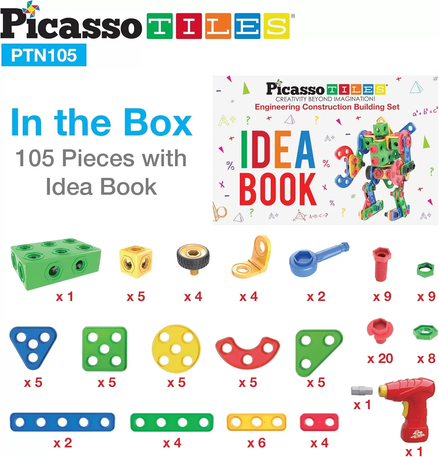 imagePicassoTiles 152 Pieces Building Block Set Kid Toy STEM Construction Sensory Toys Gifts Engineering Kit Educational wIdea Book Design Guide Storage Carry Box Power Drill Ratchet Age 3 PTN152105PC