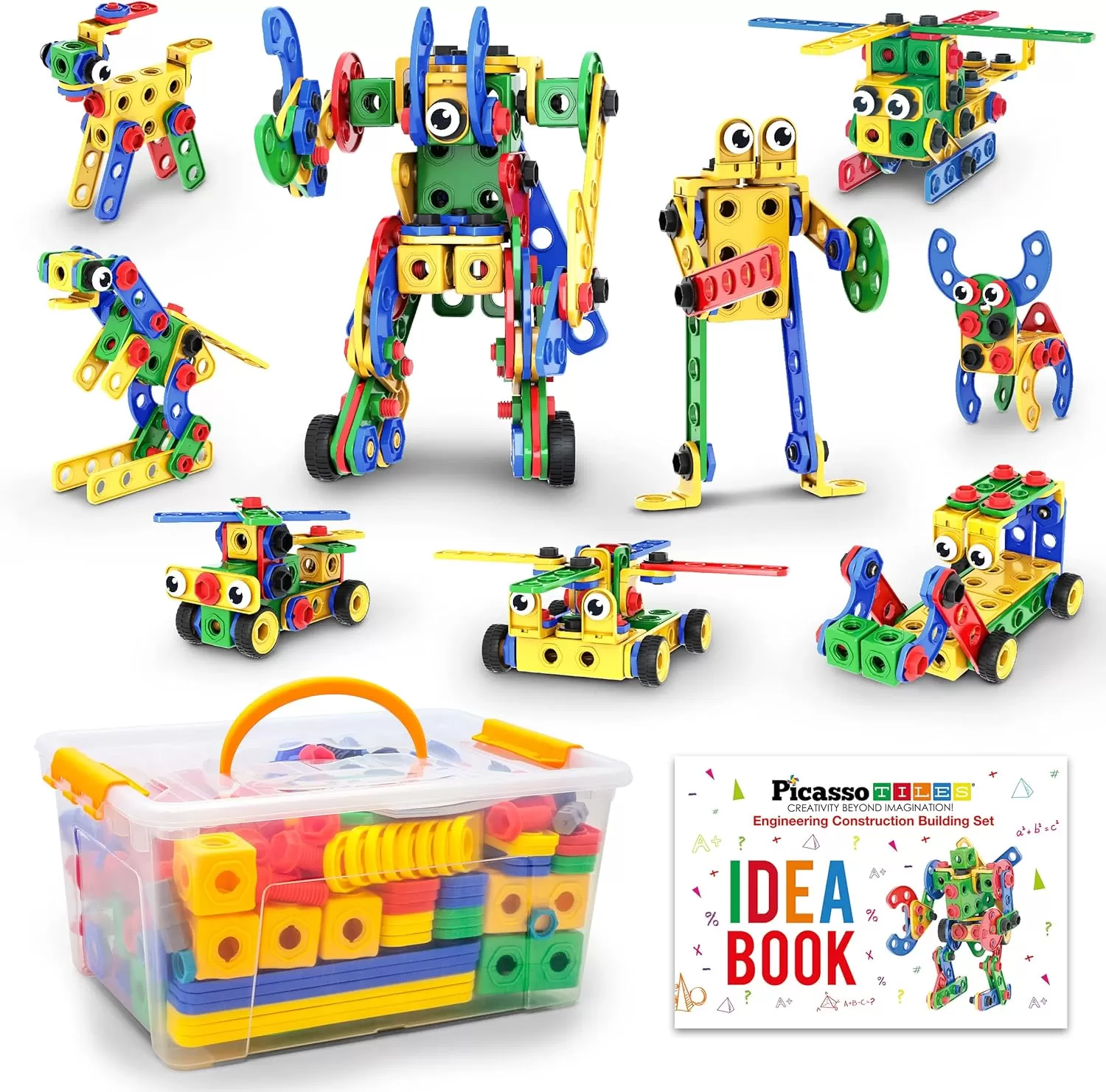 imagePicassoTiles 152 Pieces Building Block Set Kid Toy STEM Construction Sensory Toys Gifts Engineering Kit Educational wIdea Book Design Guide Storage Carry Box Power Drill Ratchet Age 3 PTN152201PC w Bin