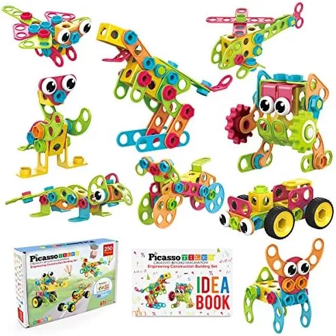 imagePicassoTiles 152 Pieces Building Block Set Kid Toy STEM Construction Sensory Toys Gifts Engineering Kit Educational wIdea Book Design Guide Storage Carry Box Power Drill Ratchet Age 3 PTN152250pc