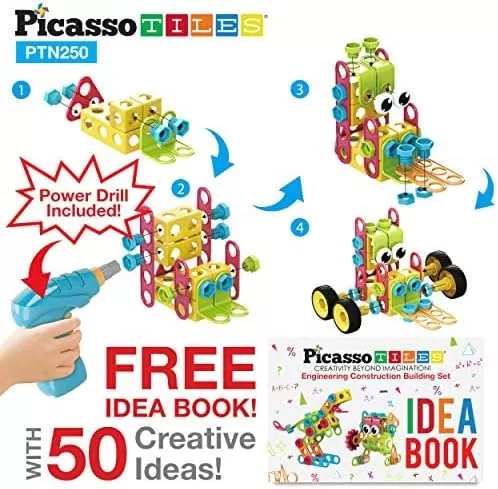 imagePicassoTiles 152 Pieces Building Block Set Kid Toy STEM Construction Sensory Toys Gifts Engineering Kit Educational wIdea Book Design Guide Storage Carry Box Power Drill Ratchet Age 3 PTN152250pc