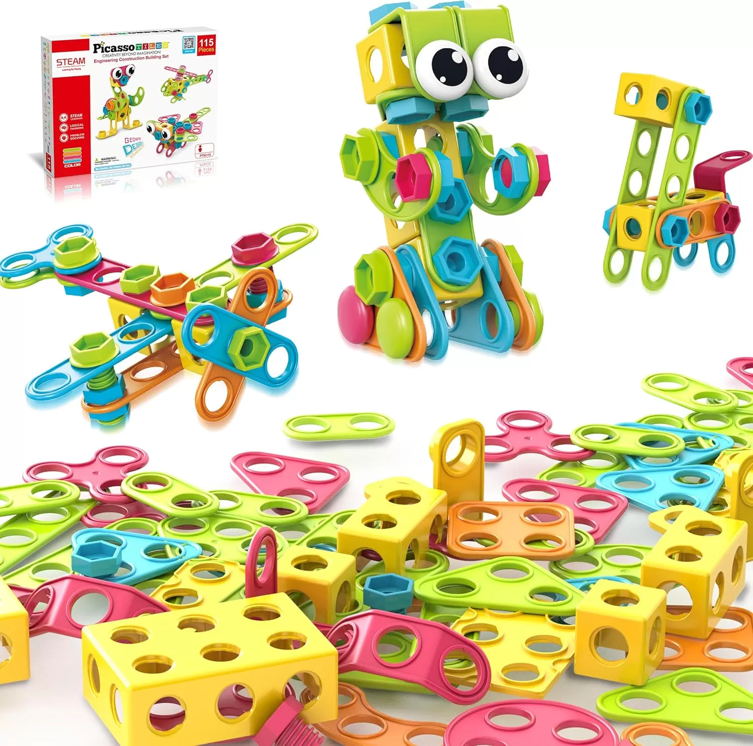 imagePicassoTiles 152 Pieces Building Block Set Kid Toy STEM Construction Sensory Toys Gifts Engineering Kit Educational wIdea Book Design Guide Storage Carry Box Power Drill Ratchet Age 3 PTN152115pc