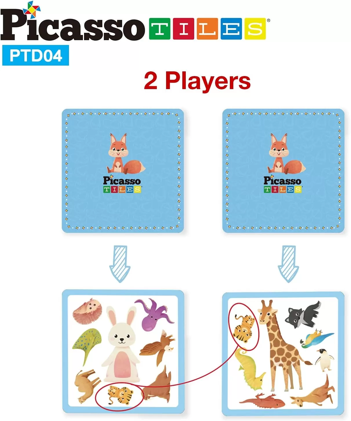 imagePicassoTiles 56 PCs Animal Speed Matching Game Match Identical Pairs of Animals as Fast as Possible Educational Puzzle Family Activity Board Games with Portable Storage Box for Boys ampamp Girls Ages 3