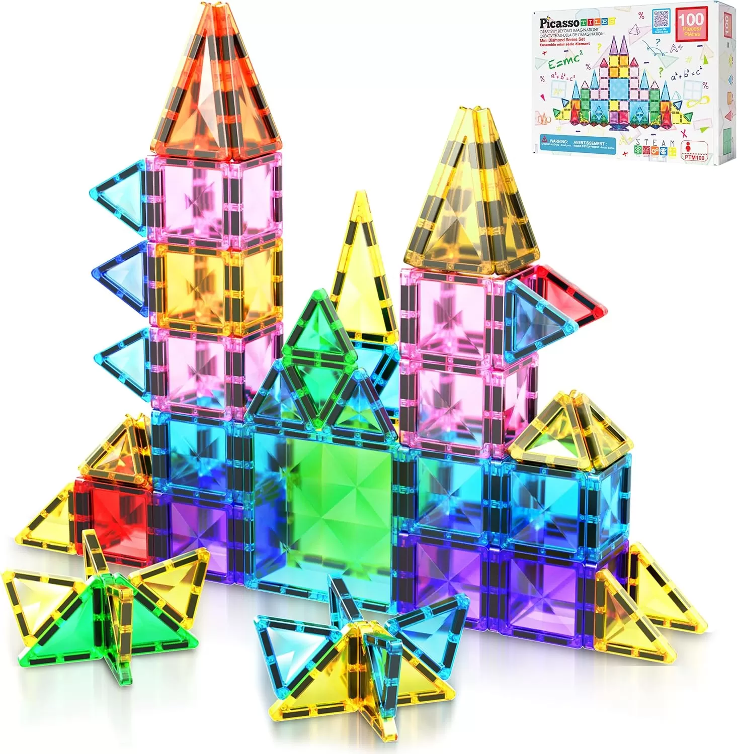 imagePicassoTiles 80 Piece Mini Size Magnetic Tiles Sensory Magnet Toys Diamond Series Construction Building Blocks Set STEM Learning Travel Size Educational Toy for Kids Boys Girls Toddlers Age 3 PTM80100pc