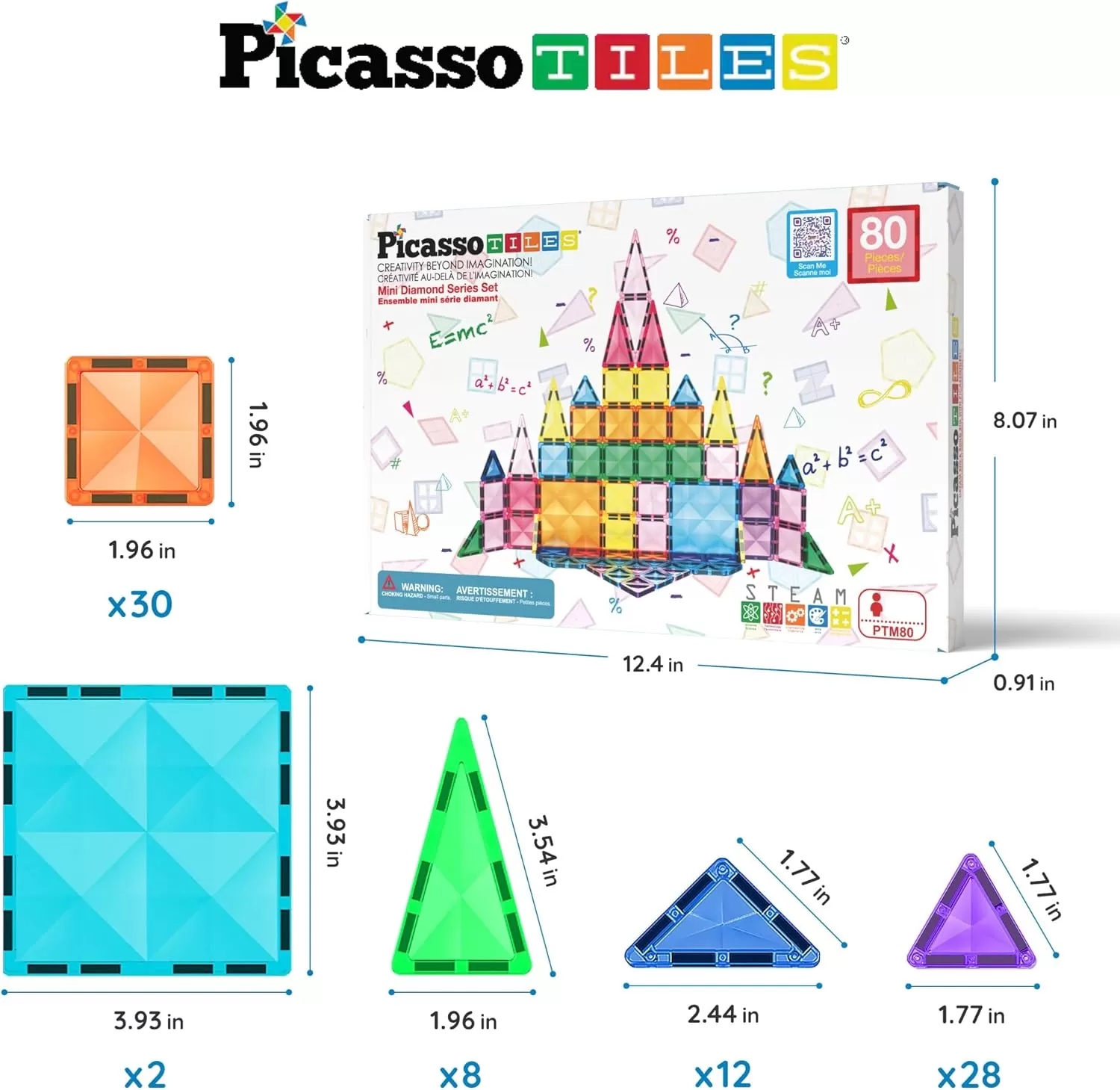 imagePicassoTiles 80 Piece Mini Size Magnetic Tiles Sensory Magnet Toys Diamond Series Construction Building Blocks Set STEM Learning Travel Size Educational Toy for Kids Boys Girls Toddlers Age 3 PTM8080pc