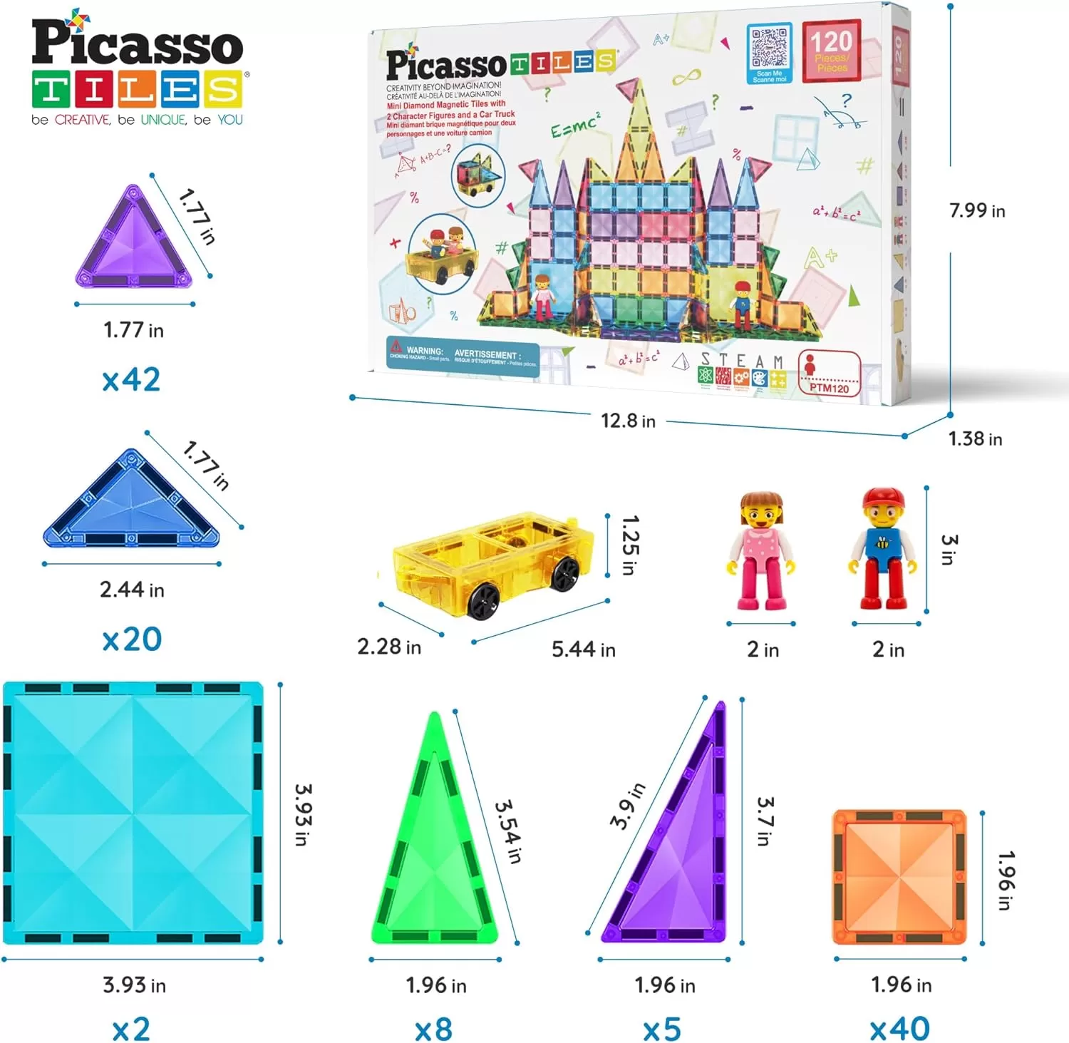imagePicassoTiles 80 Piece Mini Size Magnetic Tiles Sensory Magnet Toys Diamond Series Construction Building Blocks Set STEM Learning Travel Size Educational Toy for Kids Boys Girls Toddlers Age 3 PTM80120pc
