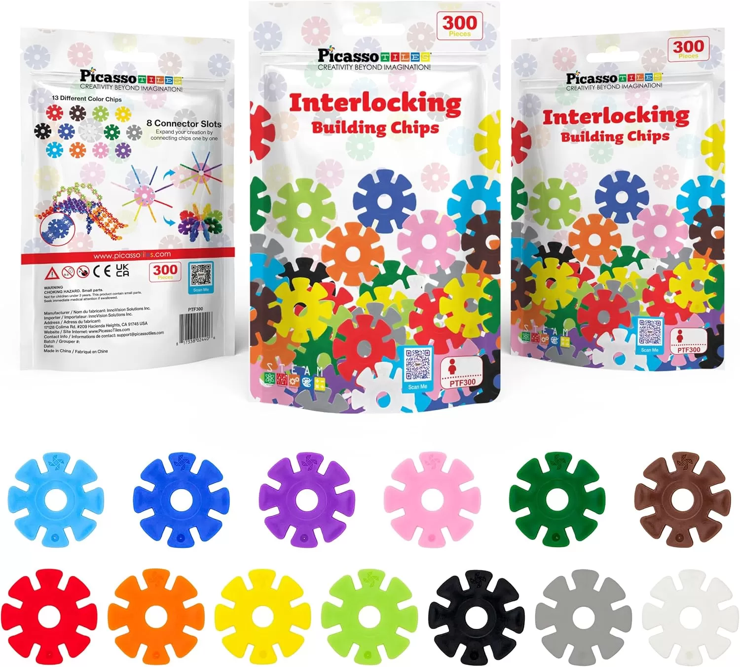 imagePicassoTiles Construction Building Chips Block 300 Piece Set Interlocking Plastic Disc STEM Learning Toy Creative Education Child Brain Development Play for Toddler Kids Boys Girls Ages 3 ampamp Up PTF300
