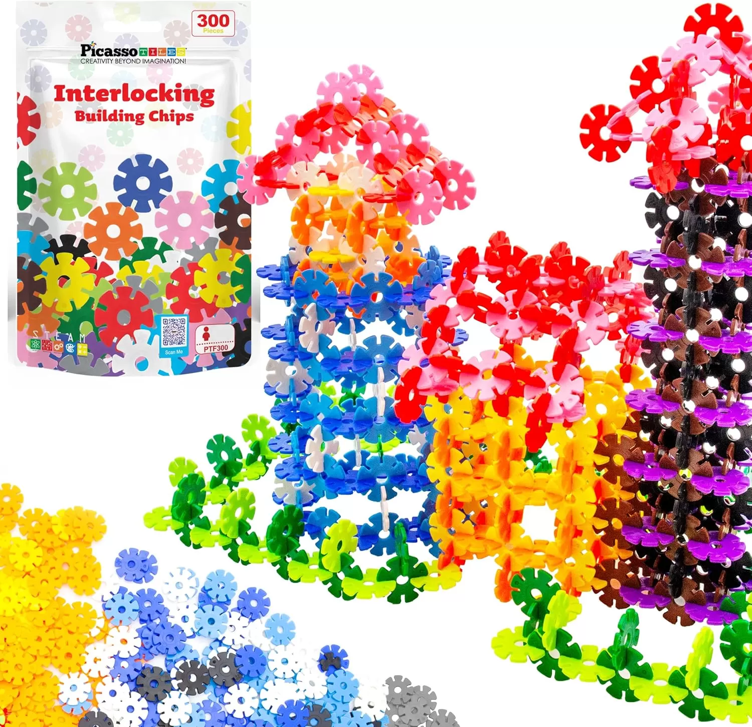 imagePicassoTiles Construction Building Chips Block 300 Piece Set Interlocking Plastic Disc STEM Learning Toy Creative Education Child Brain Development Play for Toddler Kids Boys Girls Ages 3 ampamp Up PTF300