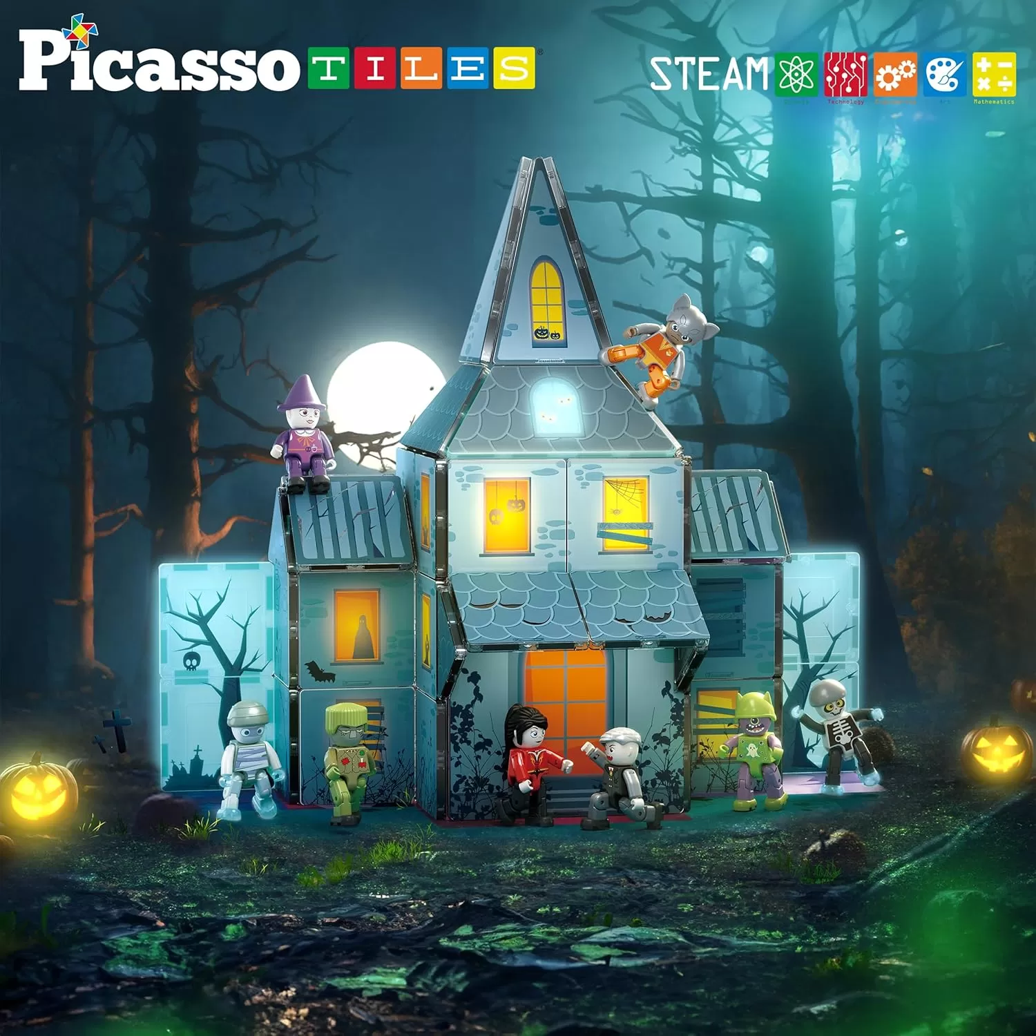 imagePicassoTiles Haunted House Theme Magnet Tile Building Blocks 8 Action Figures Magnetic Construction Toy Double Sided Printing Education STEM Learning Playset Halloween Adventure Kid Ages 3 PTQ03