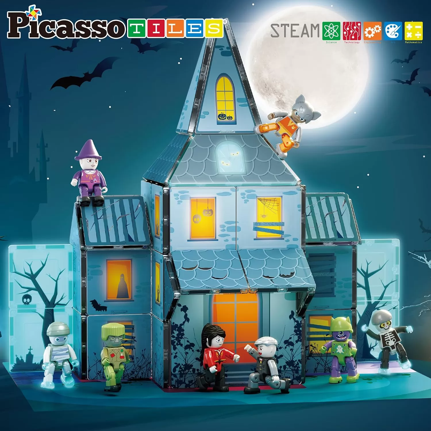 imagePicassoTiles Haunted House Theme Magnet Tile Building Blocks 8 Action Figures Magnetic Construction Toy Double Sided Printing Education STEM Learning Playset Halloween Adventure Kid Ages 3 PTQ03
