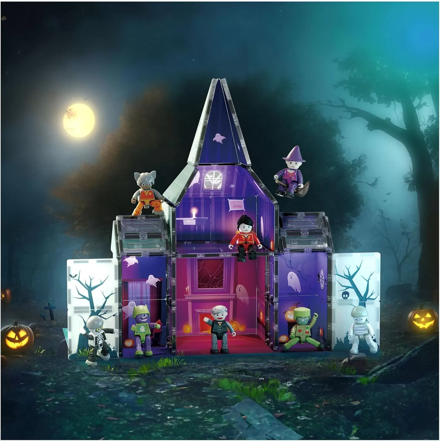 imagePicassoTiles Haunted House Theme Magnet Tile Building Blocks 8 Action Figures Magnetic Construction Toy Double Sided Printing Education STEM Learning Playset Halloween Adventure Kid Ages 3 PTQ03