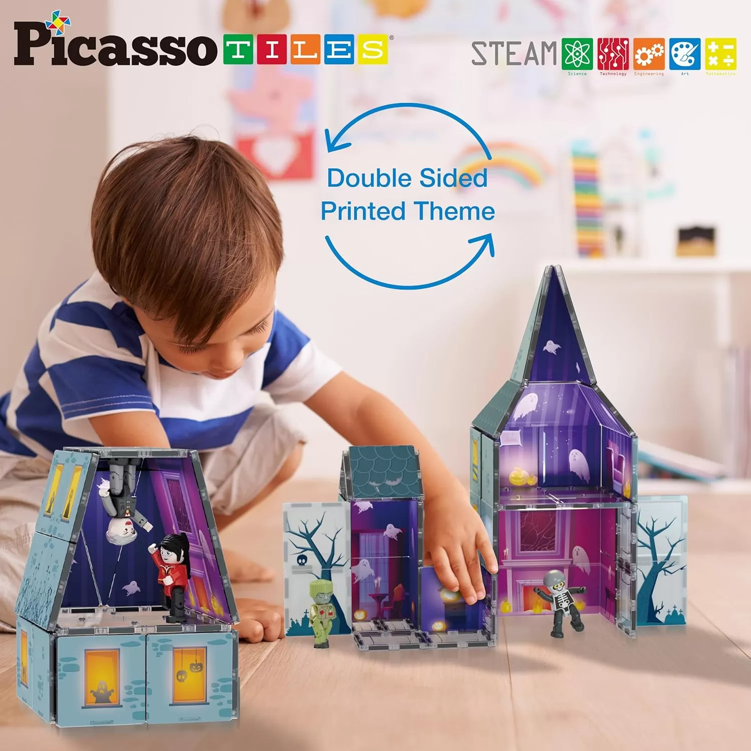 imagePicassoTiles Haunted House Theme Magnet Tile Building Blocks 8 Action Figures Magnetic Construction Toy Double Sided Printing Education STEM Learning Playset Halloween Adventure Kid Ages 3 PTQ03