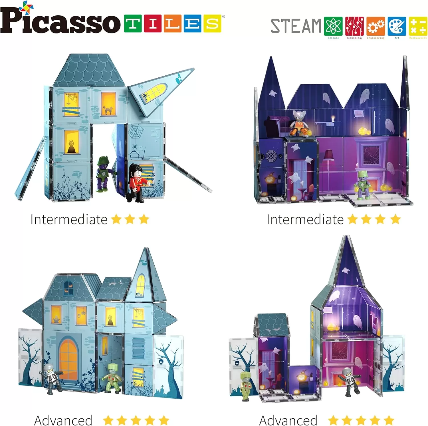 imagePicassoTiles Haunted House Theme Magnet Tile Building Blocks 8 Action Figures Magnetic Construction Toy Double Sided Printing Education STEM Learning Playset Halloween Adventure Kid Ages 3 PTQ03