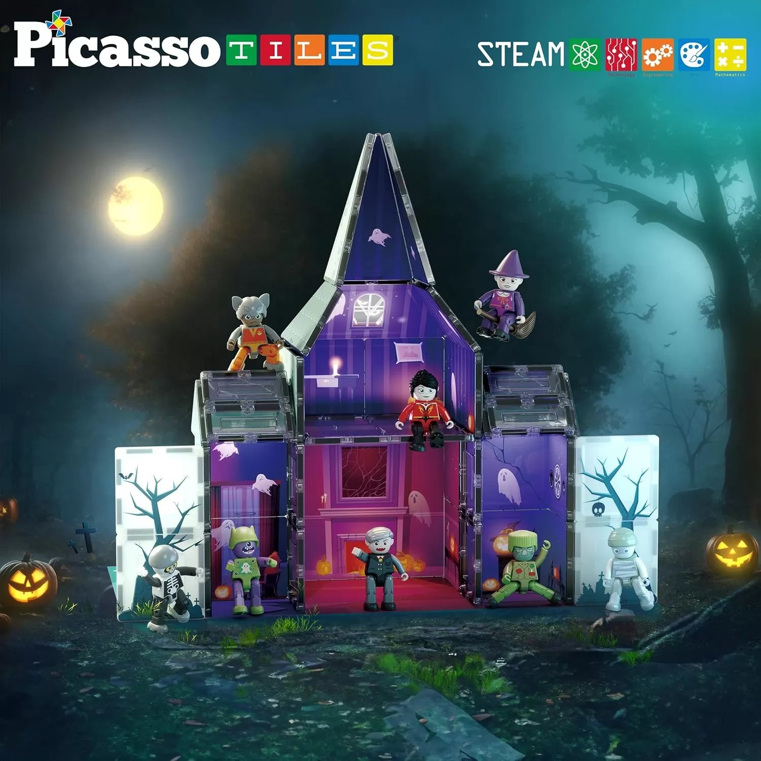 imagePicassoTiles Haunted House Theme Magnet Tile Building Blocks 8 Action Figures Magnetic Construction Toy Double Sided Printing Education STEM Learning Playset Halloween Adventure Kid Ages 3 PTQ03