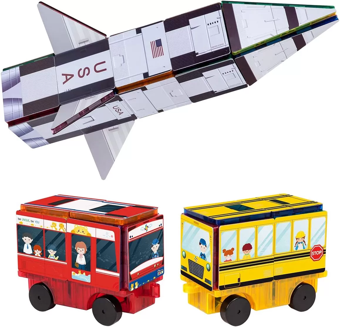 imagePicassoTiles Magnet Building Blocks STEM Learning Construction Toy Set Early Education Kit 3in1 Rocket School Bus Train Theme StickOn Puzzle Pretend Play Magnetic Tiles Kids Building Block Toys